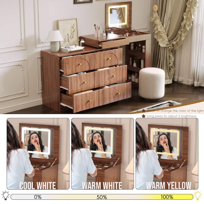 KISRAIS Vanity Desk with Mirror, Lights, and Flip-Top Tabletop