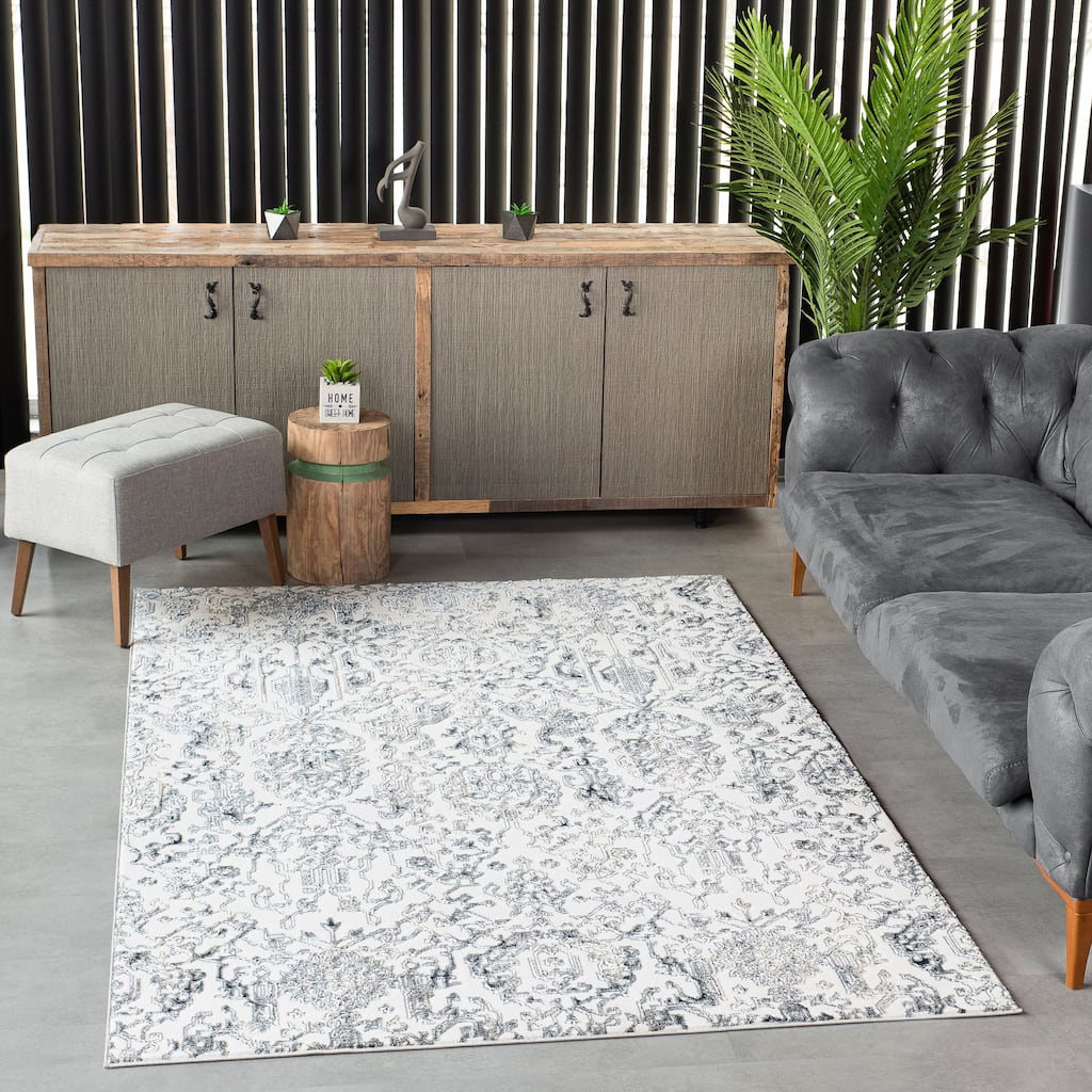 Liam Transitional Cream and Navy Blue Abstract Rug