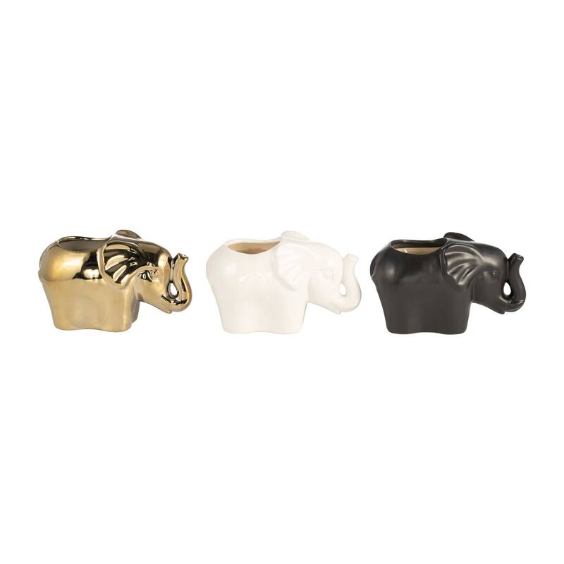 Set of Three 5"H 7" Diameter Gold, Ivory, and Black Colored Ceramic Elephant Soy Candle 9oz Pumeria-scented for Indoor - 8" x 4" x 5" - Black/gold