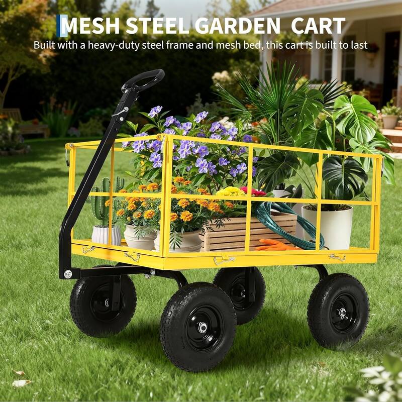 1500-lb Capacity Steel Mesh Garden Cart with Removable Sides and Wheels Yellow