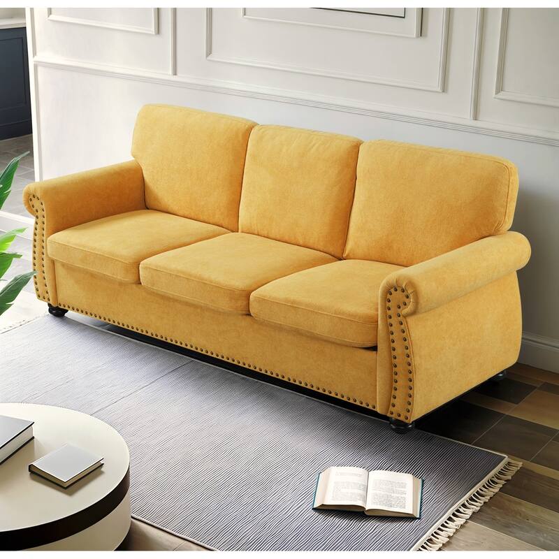 Soft Velvet 3 Seater Sofa, Mustard Yellow, High-Density Foam, Mid-Century Modern Design