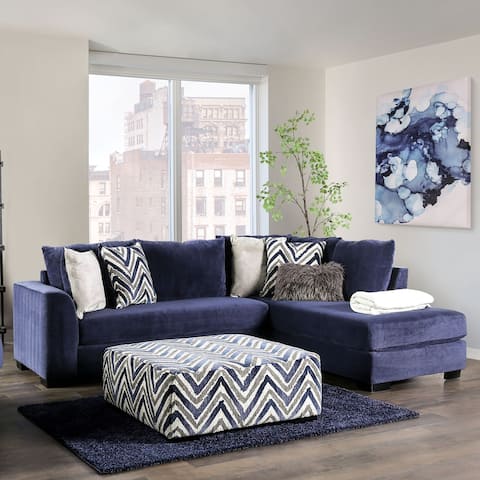 Furniture of America Slaren Traditional Navy Sectional with Ottoman