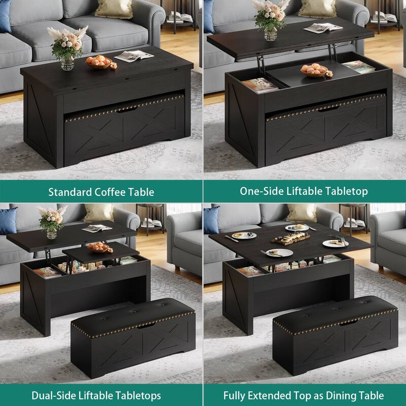 Moasis Farmhouse Lift-Top Coffee Table Dinning Center Table with Storage Ottoman Bench Set