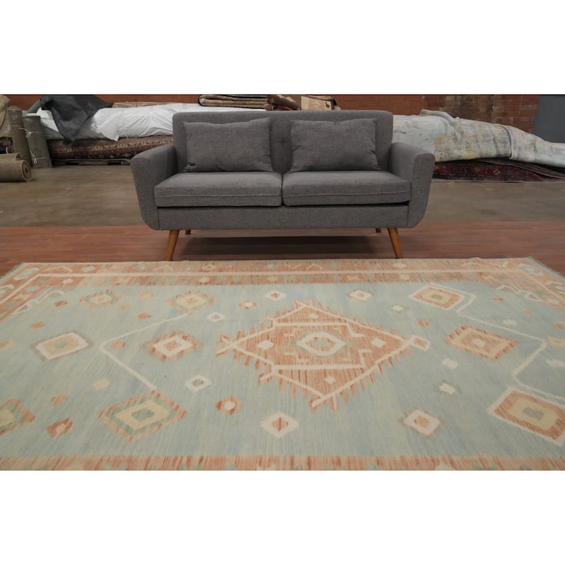 Hand Woven Oriental 100% Wool Carpet Southwestern Tribal Navy Blue & Blues Kilim Area Rug - 9' 9'' X 6' 5''