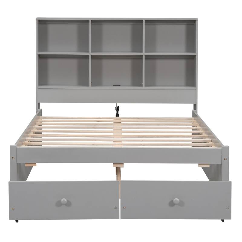 Full Size Bed Frame with Storage Headboard, Charging Station, and Two Drawers, Pine Wood & MDF Construction