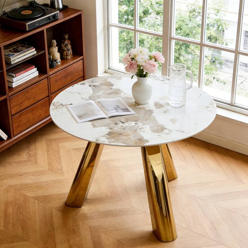 Round Dining Table, Kitchen Table with Stainless Steel Legs, Round Coffee Table Bistro Table for Dining Room