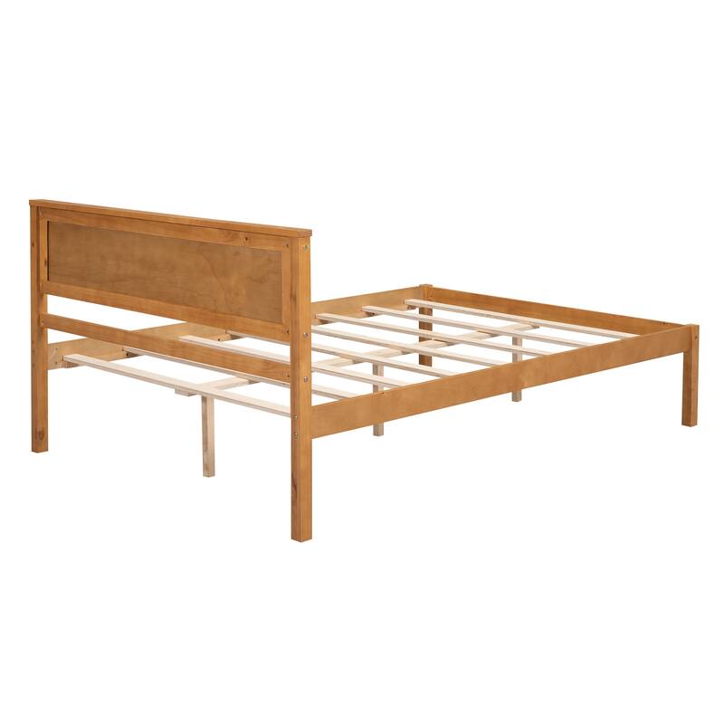Brown Pine Wood Full Platform Bed Frame with Headboard: No Box Spring Needed, Wood Slat Support, Under-Bed Storage