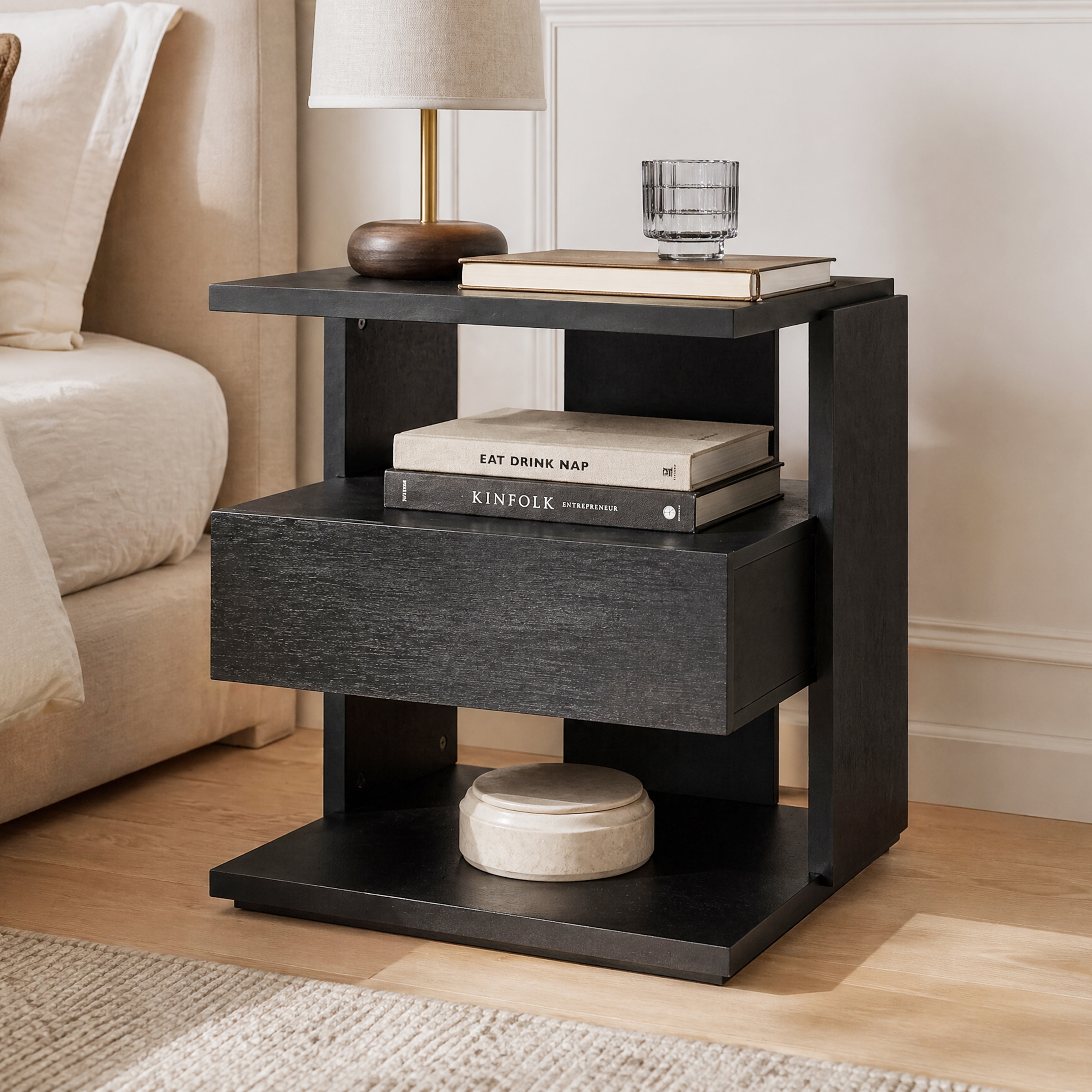 Christopher Knight Home - Modern Mid-Century C-Shaped Nightstand with Drawer and Open Storage Shelves