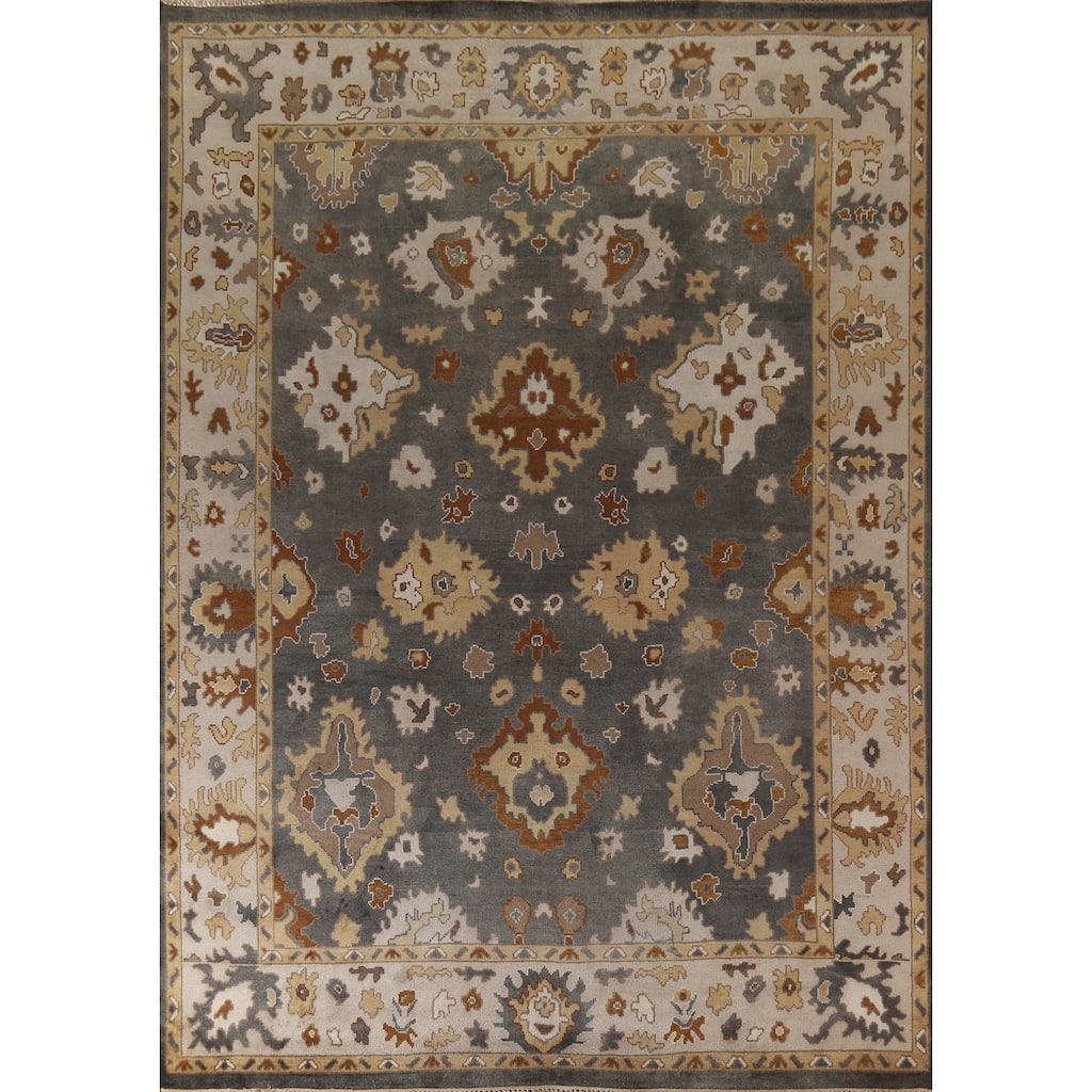 Grey Floral Oushak Oriental Area Rug Hand-Knotted Wool Carpet - 9'3"x 11'11"