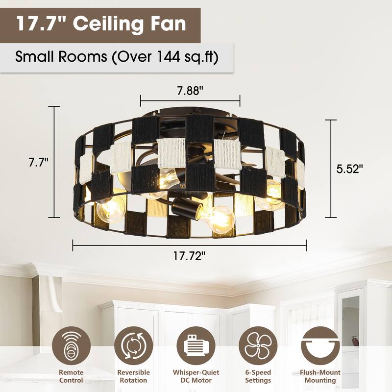 17.7" Black Hand-Woven Hemp Rope Caged Ceiling Fan Light with Remote and App