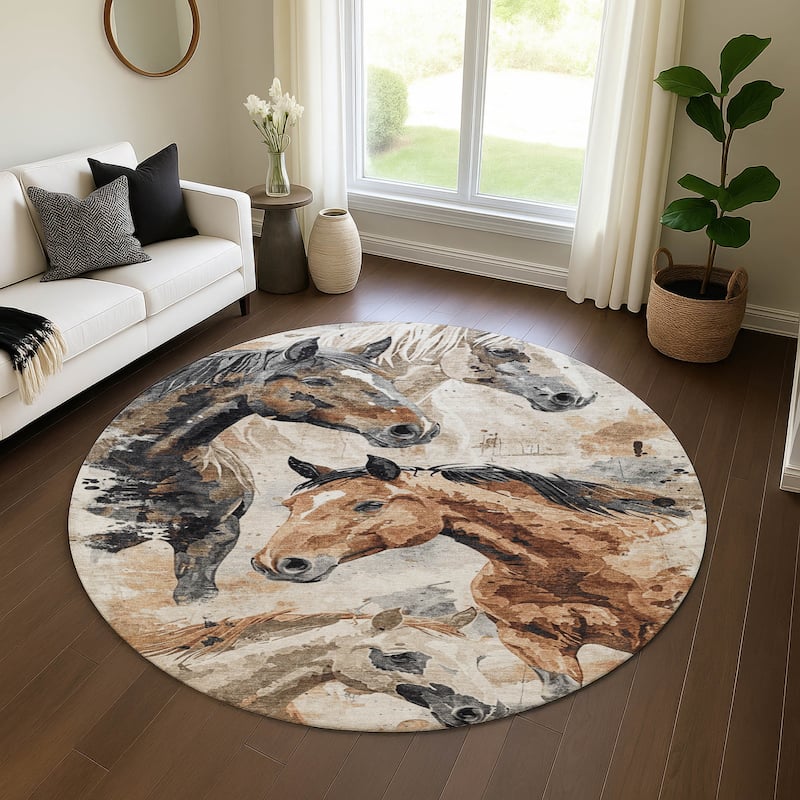 Premium Washable Super Soft Horses Mayfield Rug - Beige - 8' x 8'