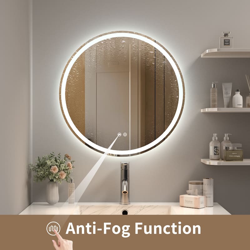 Circular LED Anti-Fog Mirror for Bathroom, Three-Color Lighting Adjustable