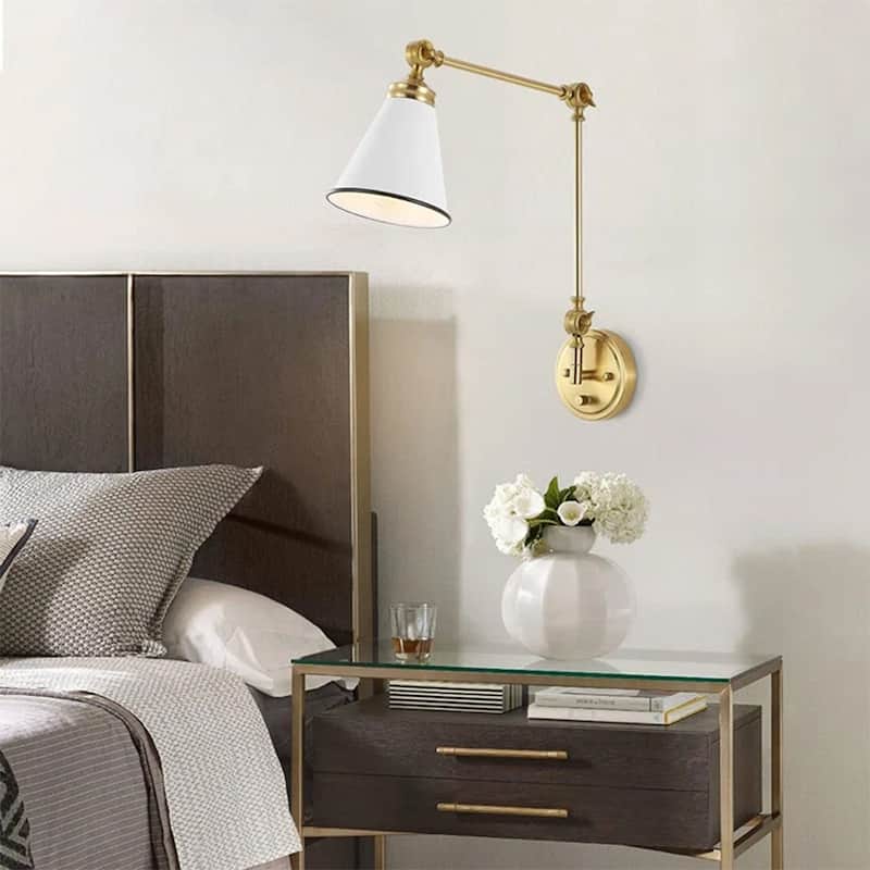 WINGBO 1-Light Vintage Adjustable Swing Arm Wall Sconce with Shade