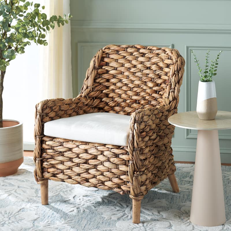 SAFAVIEH Purrl Hyacinth Solid Wood Accent Chair with Cushion, Fully Assembled - 26"W x 26"D x 32"H - White/Brown Wash