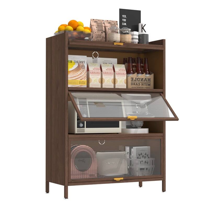 44" Walnut Finish Steel Storage Cabinet - 3-Tier Flip Door Organizer