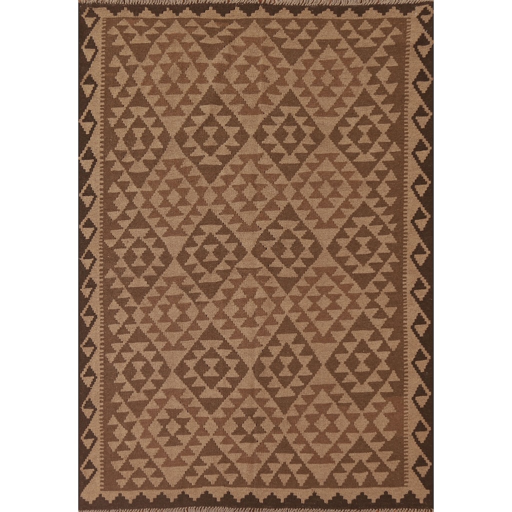 Geometric Kilim Oriental Rug Flat-weave Brown Wool Carpet - 4'4" x 6'7"