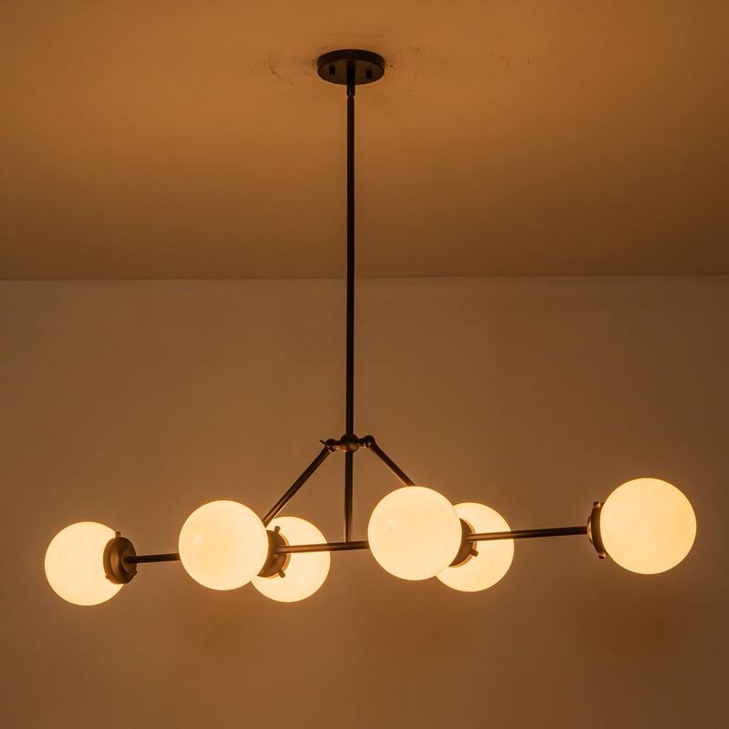 6-Light Dimmable Modern Metal & Glass Pendant Light with Adjustable Rods for Dining Room