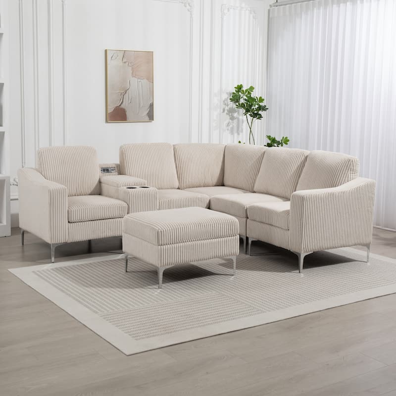 95.67" Corduroy L-Shaped Sectional Sofa with USB