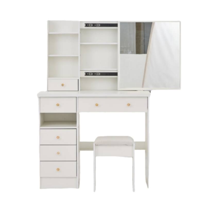 37" Bedroom Vanity Set with Sliding Mirror & Cushioned Stool
