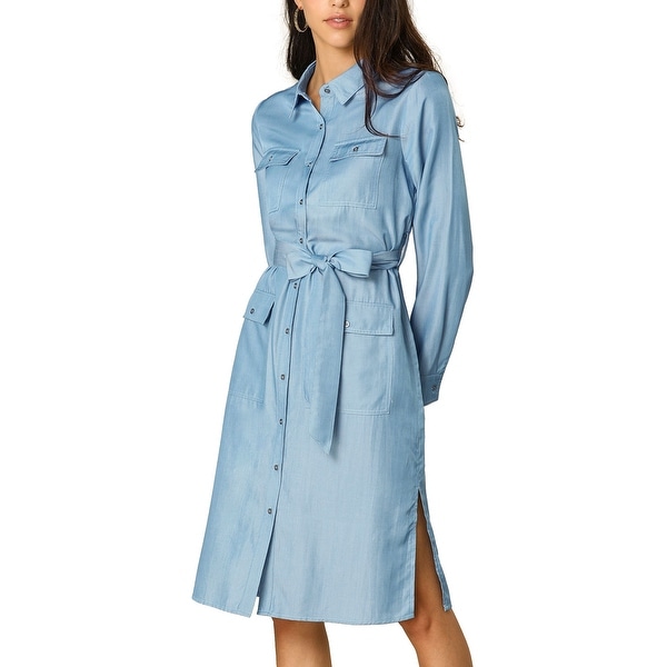 women's belted midi shirt dress with pocket