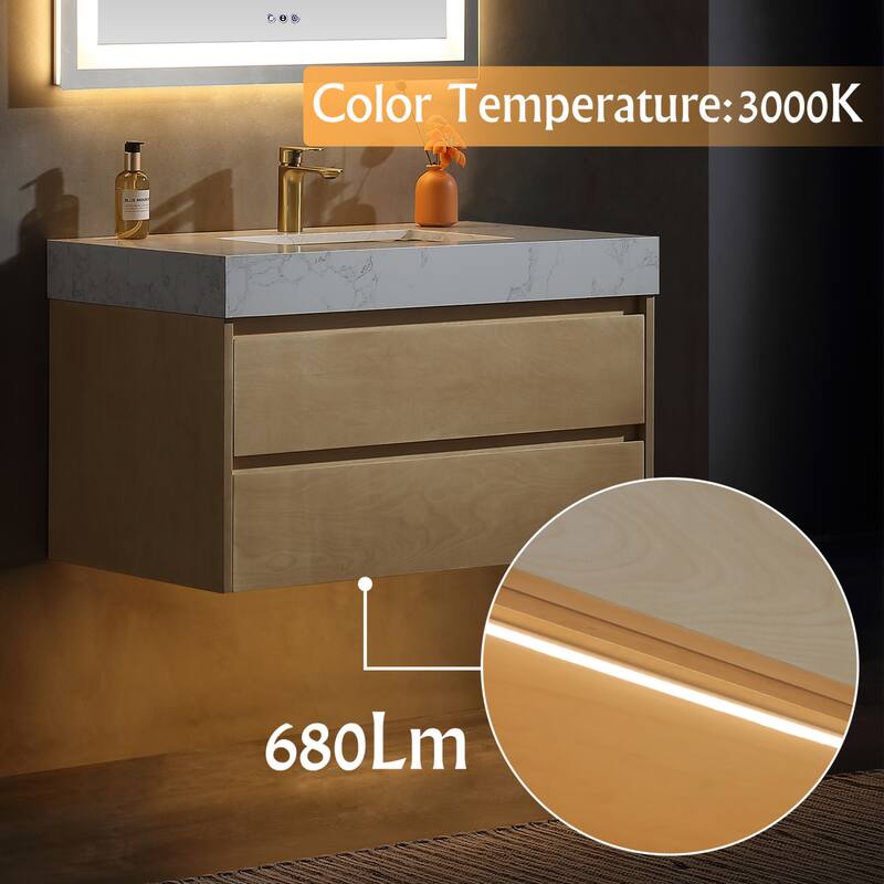 Modland 36" Wall-Mount Bathroom Vanity with LED Base Light & Engineered Stone Top - Soft-Close Drawers, Maple Yellow - 36 inch