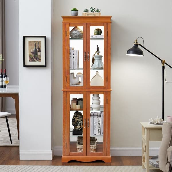 slide 2 of 11, Lighted Tall Bookshelf Display Cabinet Curio Cabinet with Glass Doors Oak