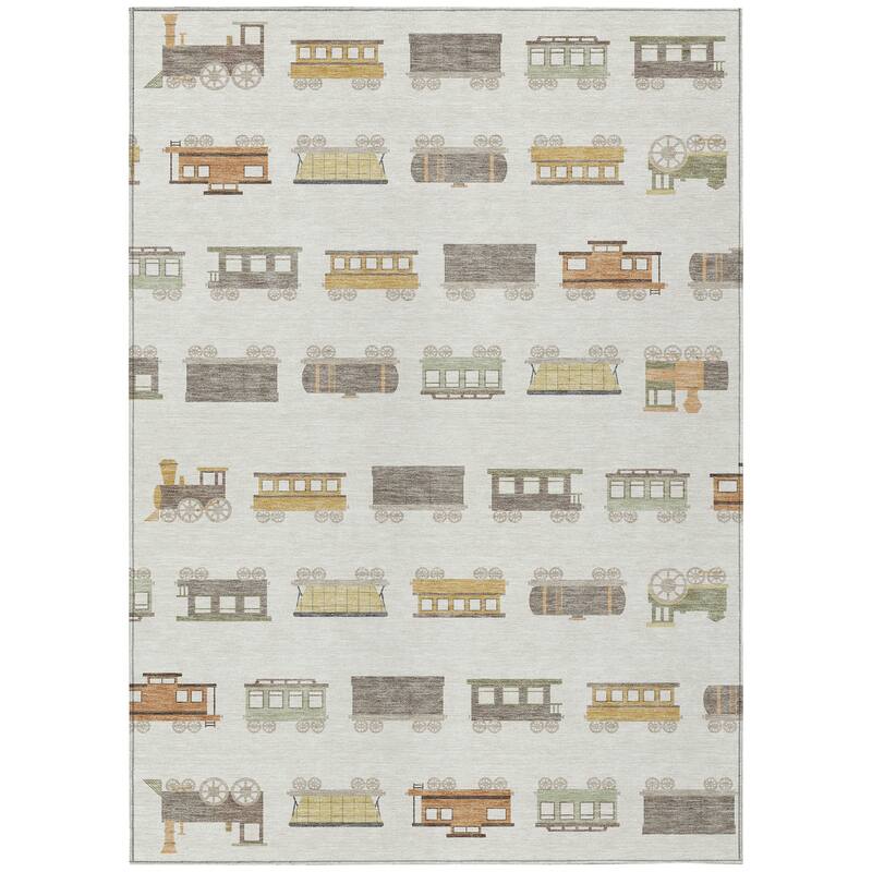 Machine Washable Indoor/ Outdoor Modern Train Chantille Rug