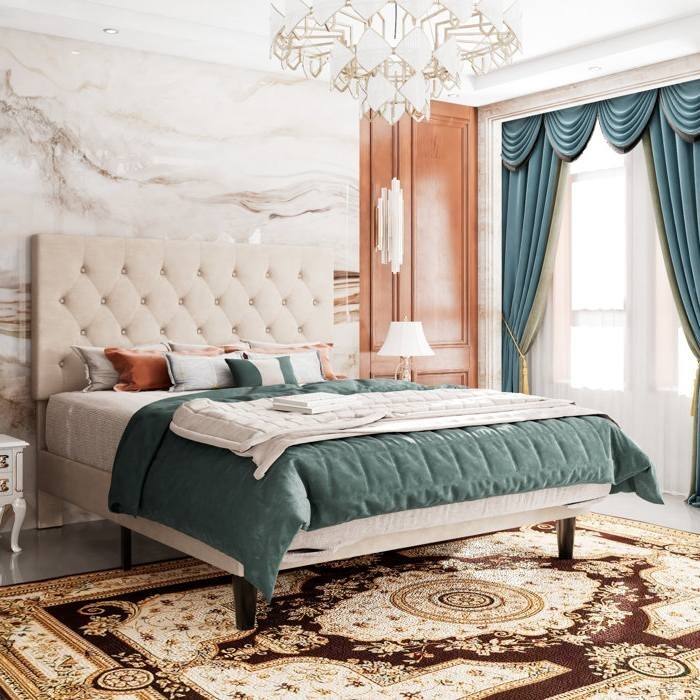 Low Profile Grey Linen Platform Bed with Button Tufted Headboard