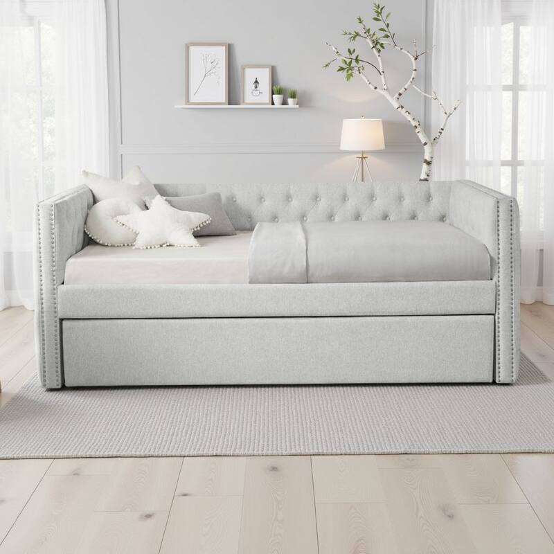 Lem Daybed w Pull Out Trundle, Chesterfield Dove Gray Upholstery