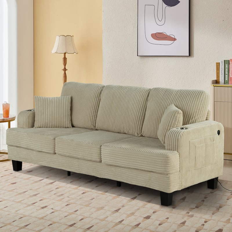 85" Modern Corduroy Rectangle 3-seater Sofa with USB and 2 Pillows - Beige