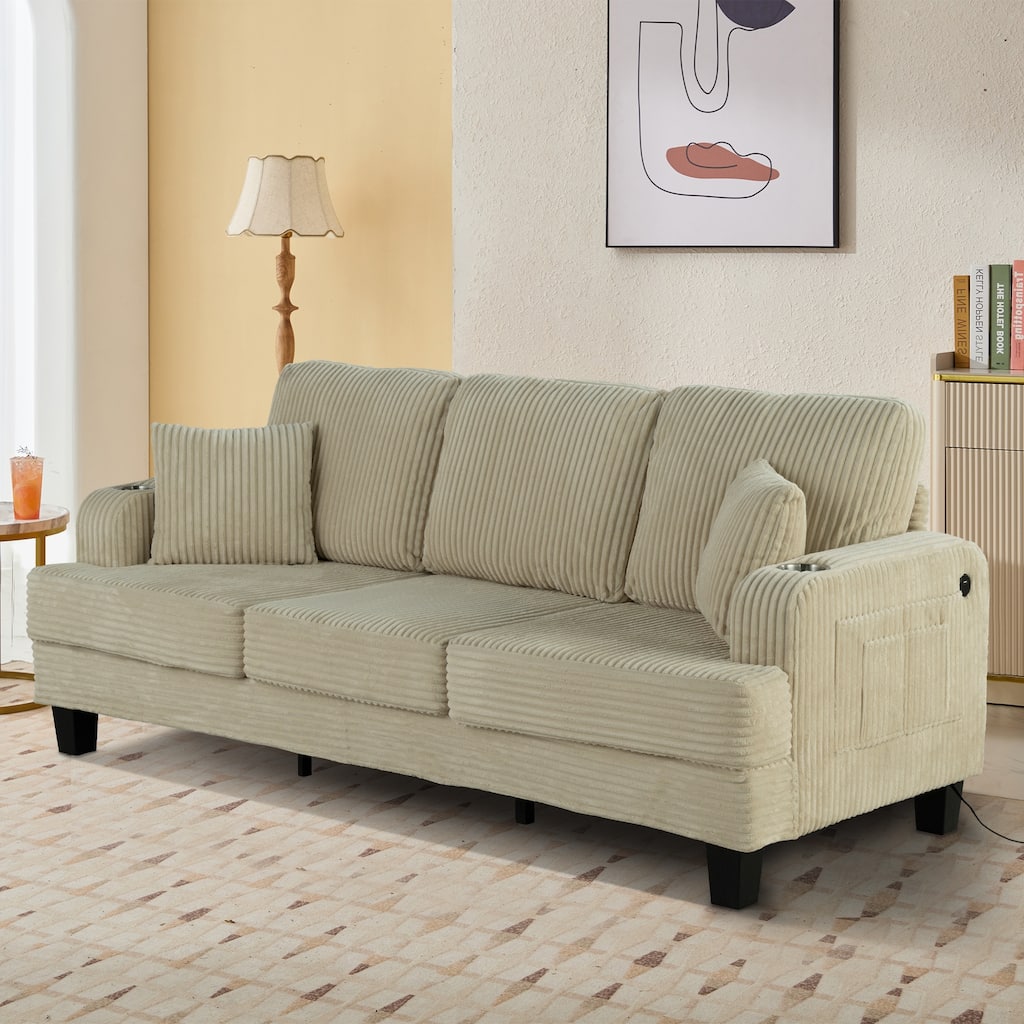 85" Modern Corduroy Rectangle 3-seater Sofa with USB and 2 Pillows