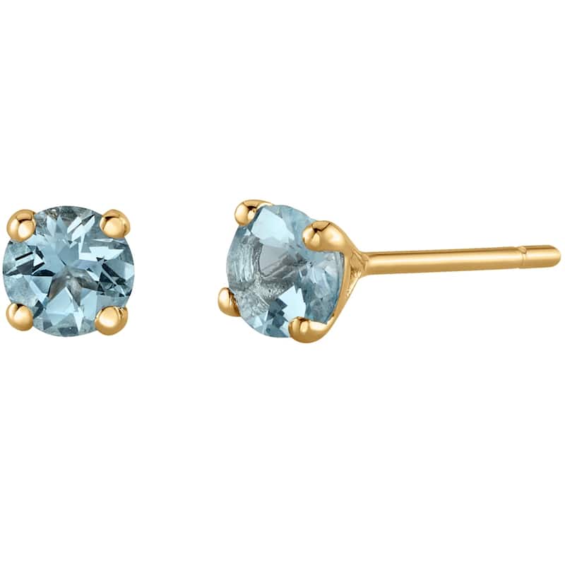 14k Gold 4mm Round Aquamarine Solitaire Stud Earrings
