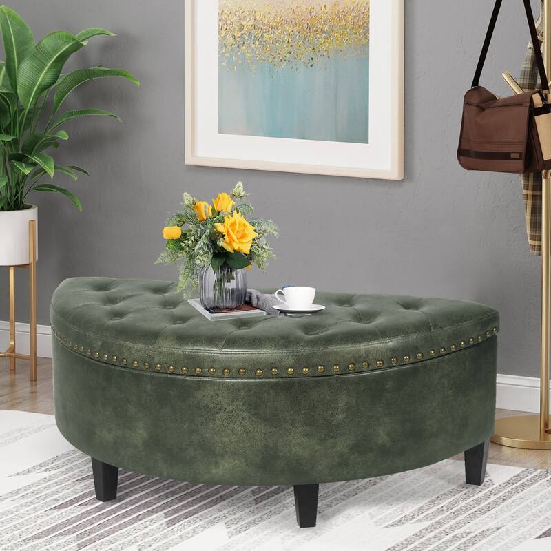 Adeco Half Moon Storage Ottoman Semi Circle Bench - Black-Green