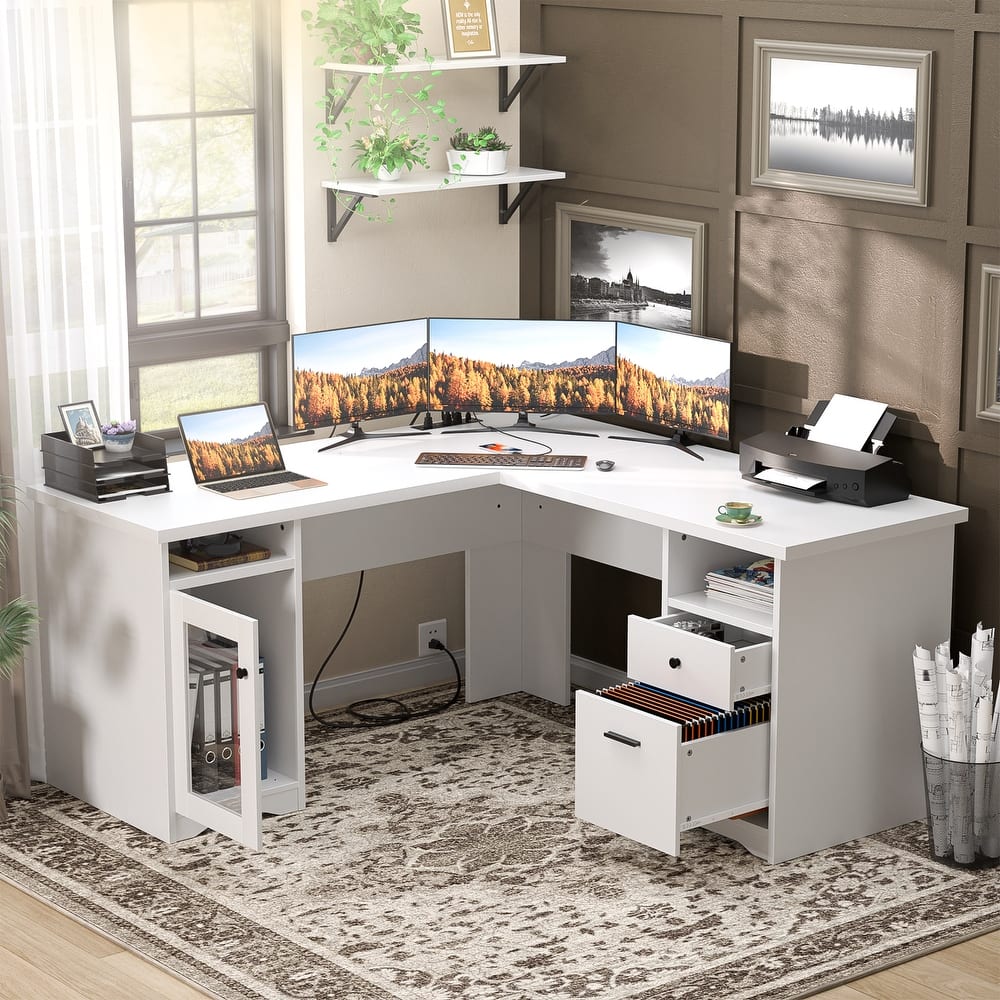 Modern Farmhouse L-Shape Desk with File Cabinet and Drawers, Homer Office Executive Desk with Charge Station