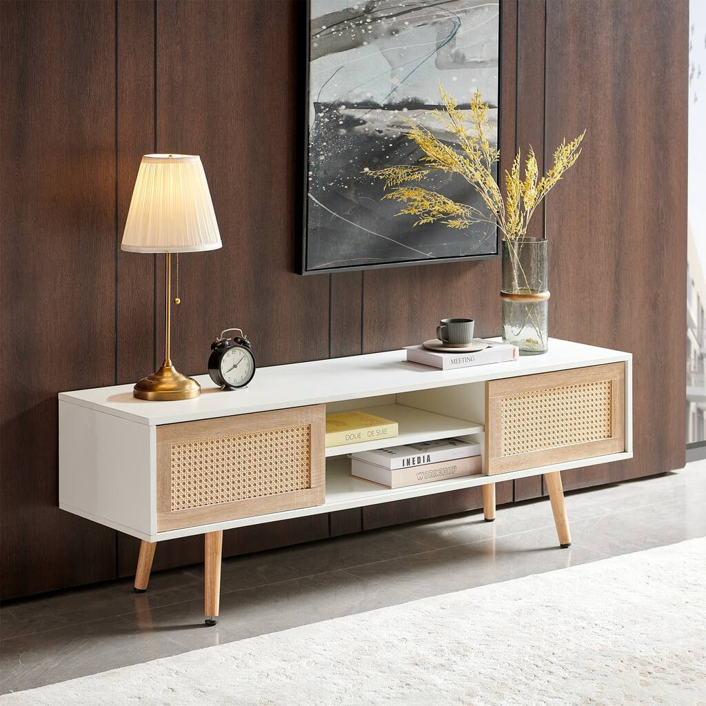 White Wood Rattan TV Cabinet Entertainment Center Double Sliding Doors - 15.75 x 55.12 x 18.31