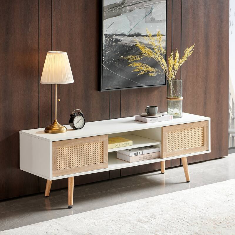55.12" TV Stand with Double Sliding Doors, Solid Wood Legs and Adjustable Shelf for Living Room - White