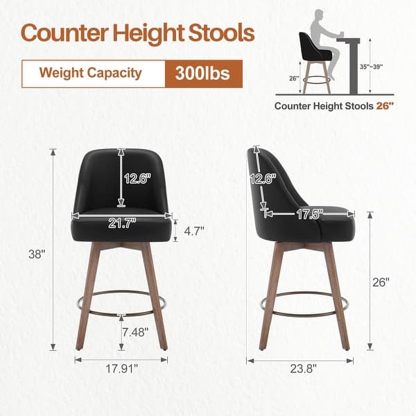dimension image slide 2 of 7, 26" Counter Height Swivel Bar Stool, Upholstered Counter Stools - 23.8" (D) x 21.7" (W) x 38" (H)