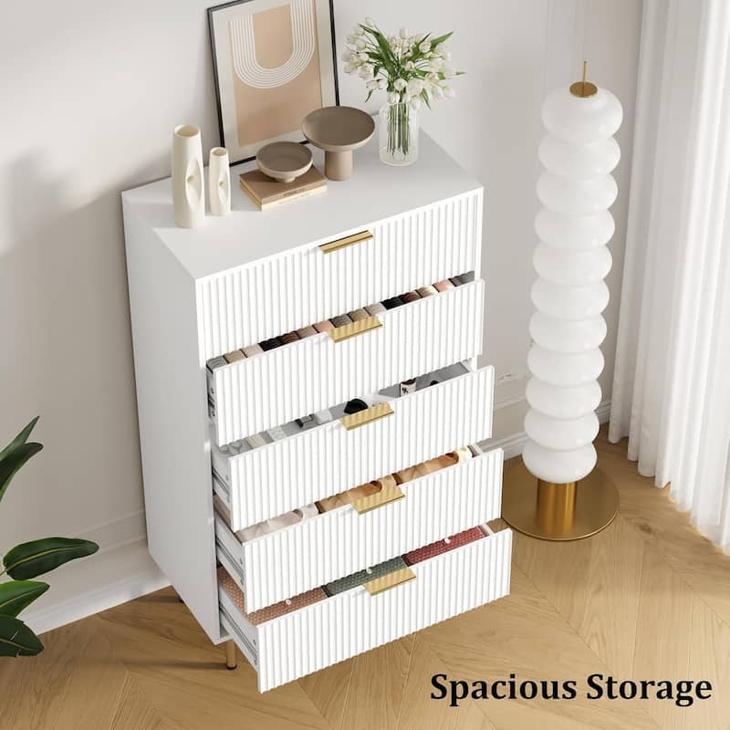 Fluted 5 Drawer Dresser for Bedroom, Wooden Chest with Wide Drawers, Modern Storage Organizer for Closet, Hallway