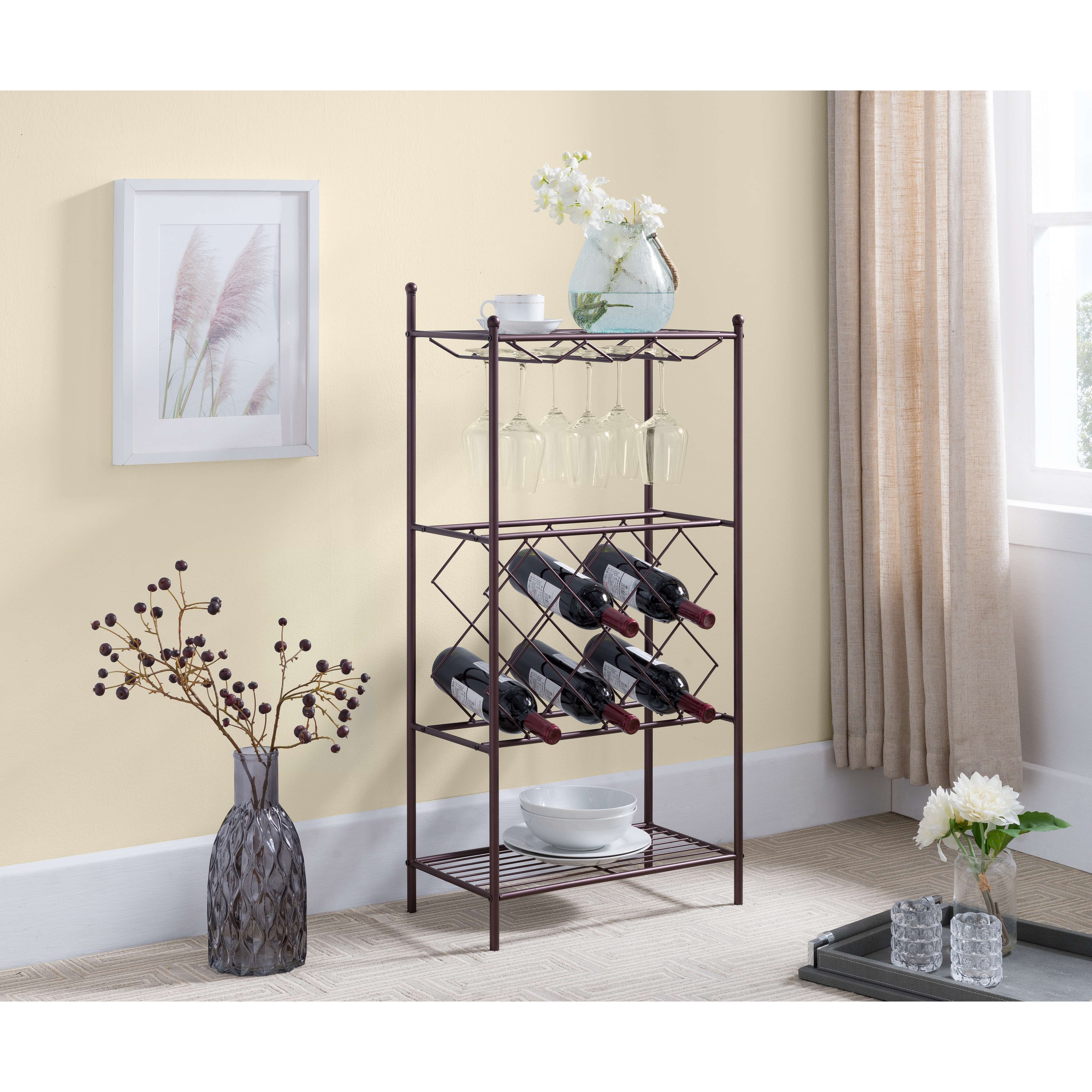 Freestanding Metal Wine Rack Cabinet with Glass Holder & Shelves, Wine Storage Stand for Dining Room or Home Bar