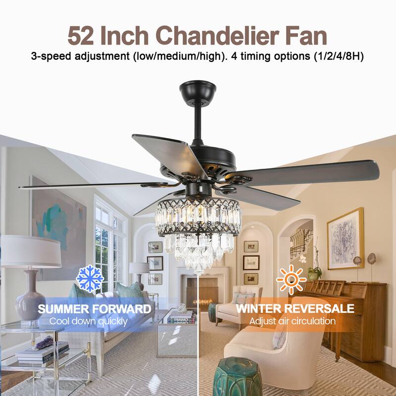 CurveCurio 52-inch Classic Ceiling Fan with Crystal Light Shade, 3 Light, Remote Control and Pull Chain Control for Living Room