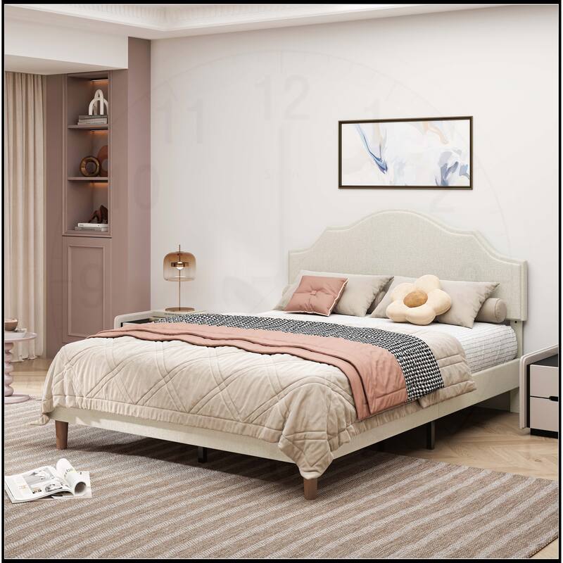 Linen Fabric Padded Platform Bed with Adjustable Headboard