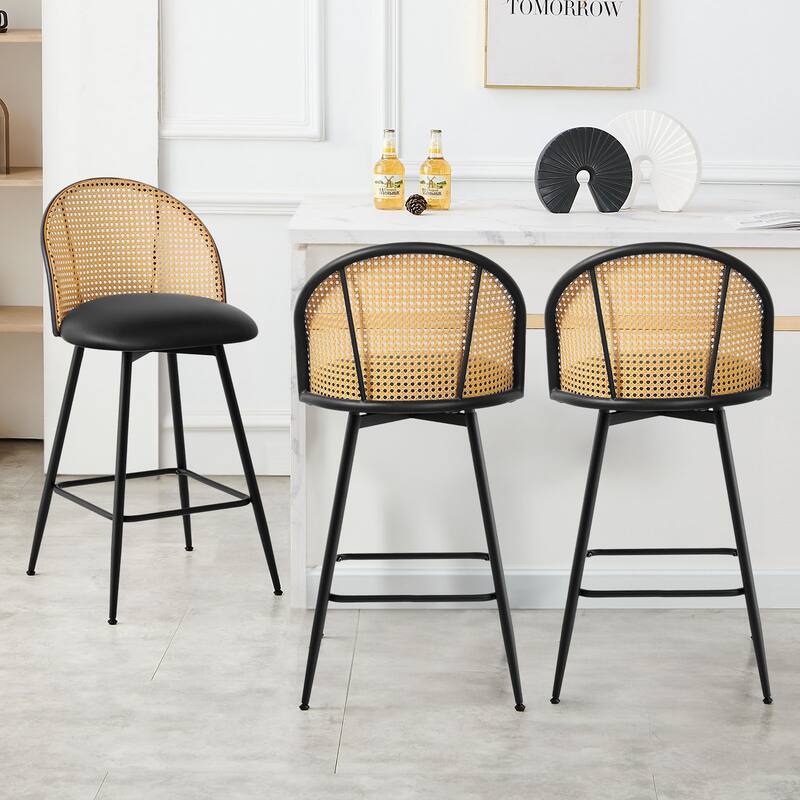 Upholstered Swivel Counter/ Bar Stools with Rattan Back