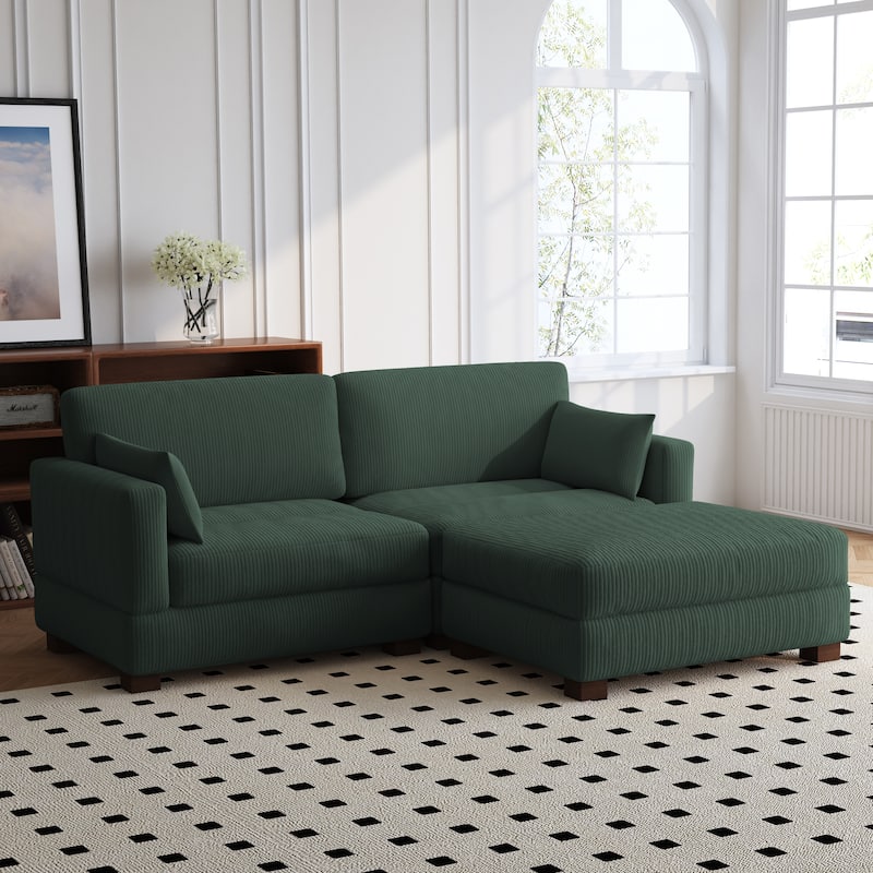 84'' L-Shaped Corduroy Comfy Couch Modular Sectional Sofa With Ottoman - Hunter Green