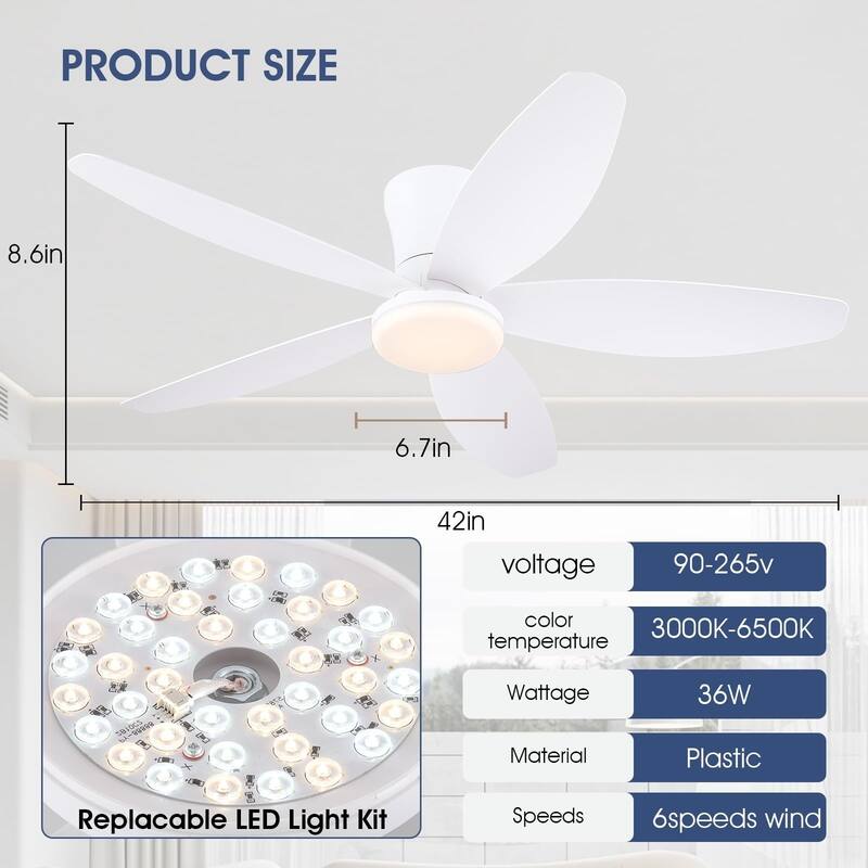 36"/42"/48" Low Profile Ceiling Fan with ABS Blades 3 Color LED Flush Mount for Bedroom Living Room APP and Remote Control