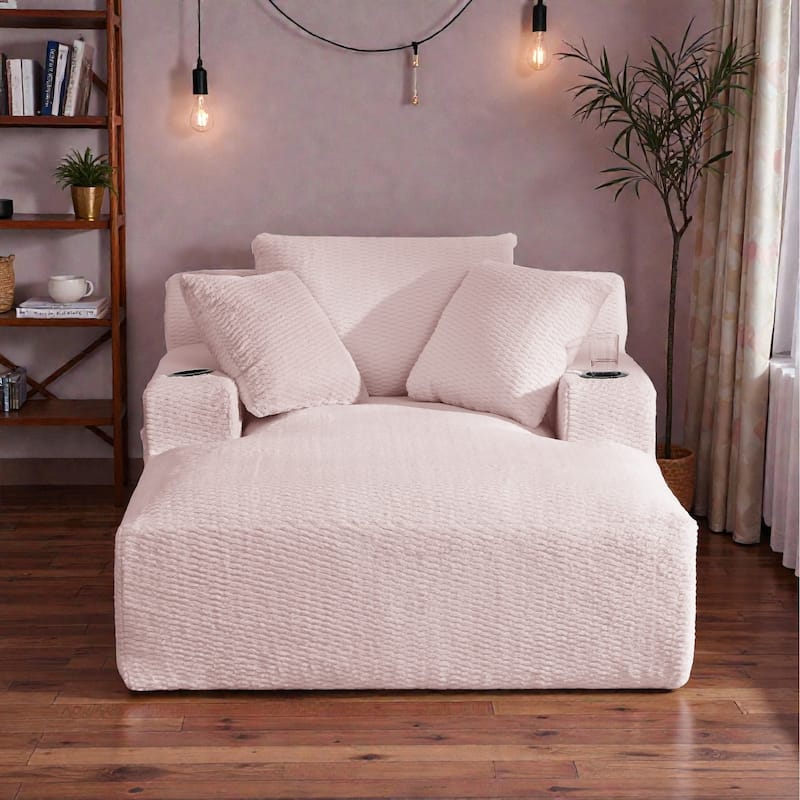 Oversized Chaise Lounge Chair Indoor, No Assembly Sleeper Sofa with Faux Fur Upholstery for Living Room or Office