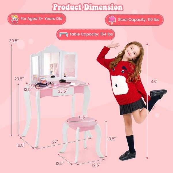 Gymax Kid Vanity Table and Chair Detachable Tri-Folding Mirror Pretend