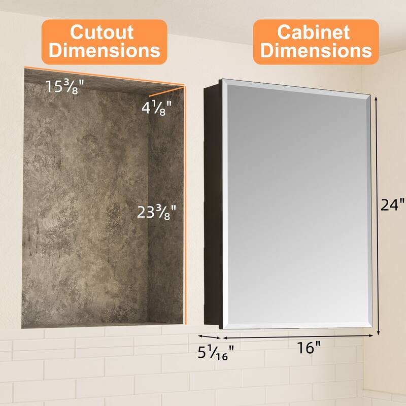 Belle Medicine Cabinet with Mirror, Adjustable Shelves, Recessed or Wall Mount