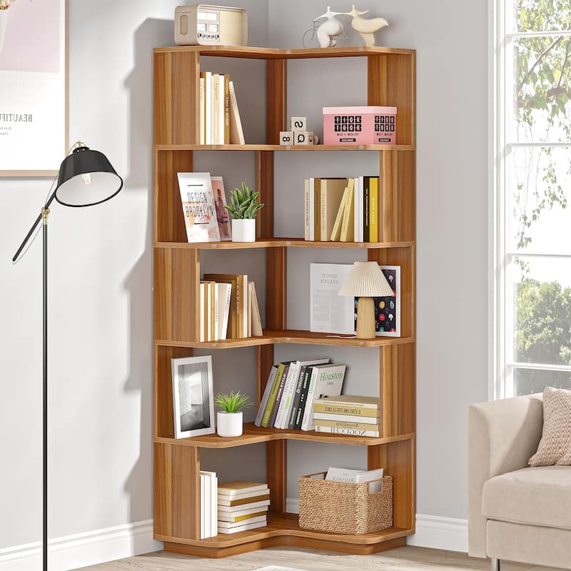 6-Tier Corner Bookshelf, 64.9 Inch Industrial Bookcase with Baffles - Walnut