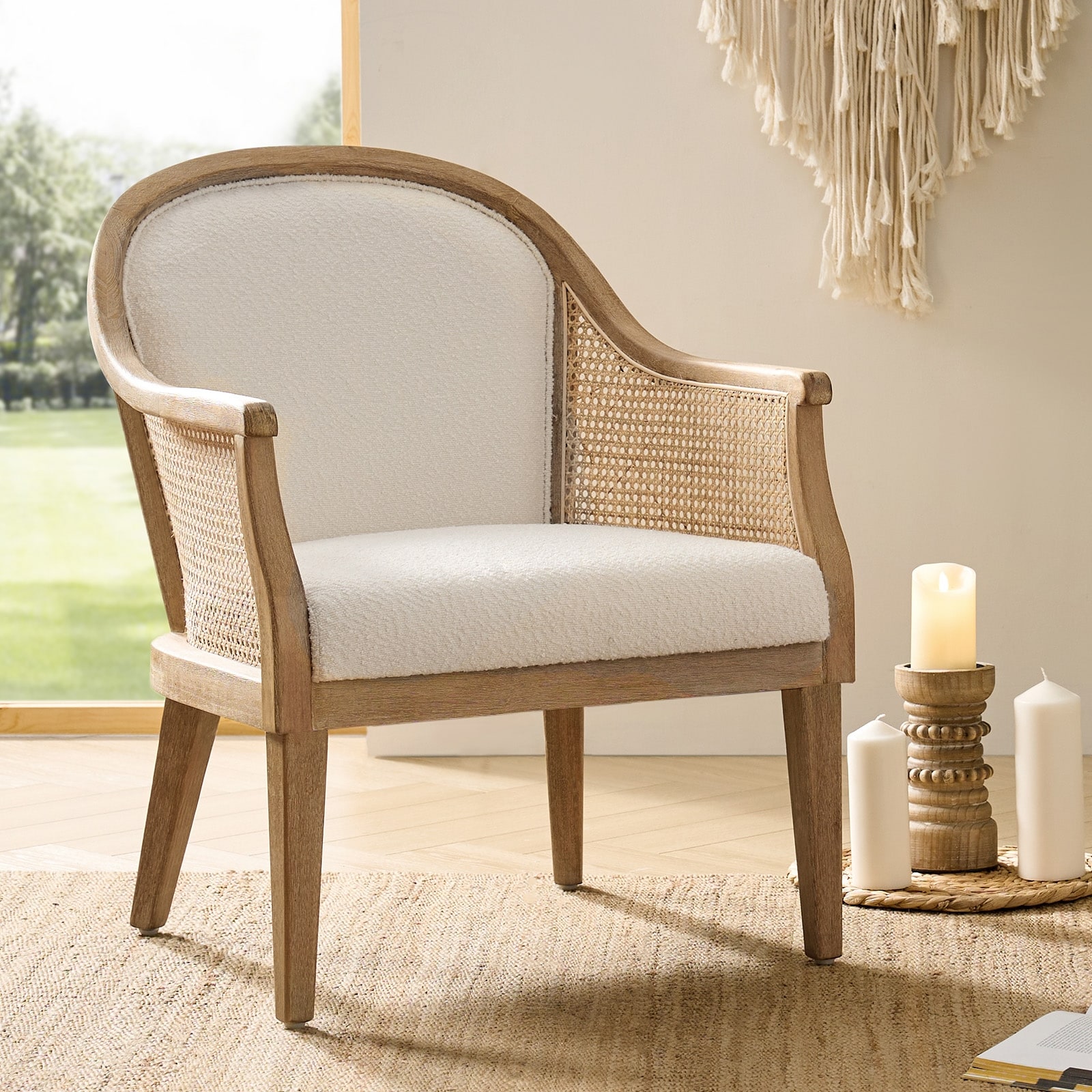 HULALA HOME Danilo Farmhouse Rattan Solid Wood Armchair with Solid Wood Legs