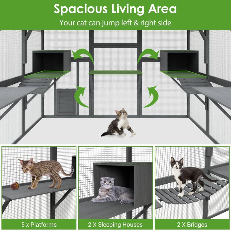 57.2ft² Large Wooden Outdoor Cat House, with 2 Cat Doors, Roof Cover